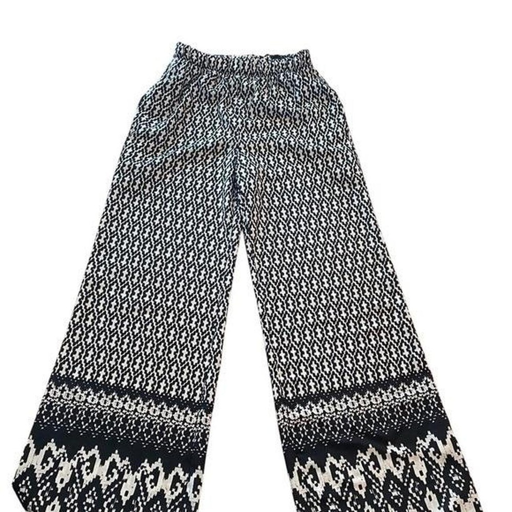 Momteau Black White Geometric Print Wide Leg Palazzo Pants Small